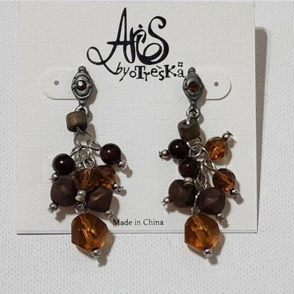 Aris by Treska Brown Amber Beaded Cluster Drop Earrings Silver Tone Boho Post